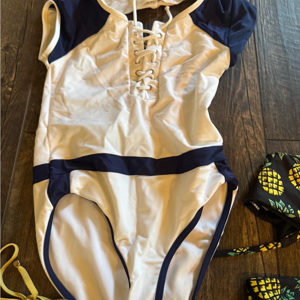 Navy and White Lace-Up Women's Swimsuit